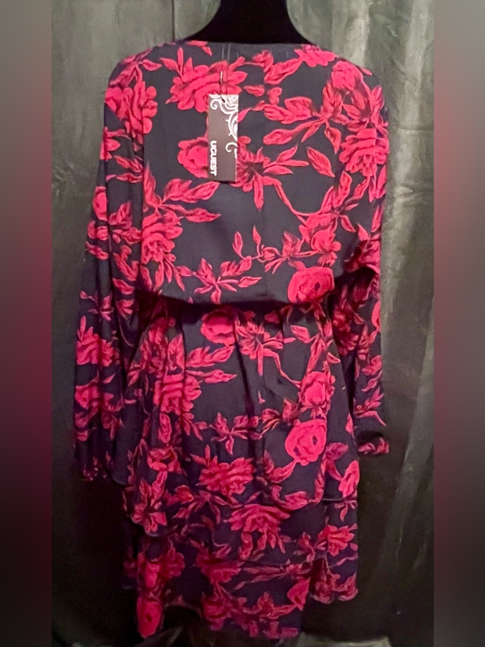 NWT - Black Dress with Bright Pinkish Red Floral Print and Waist Tie - Picture 2 of 8